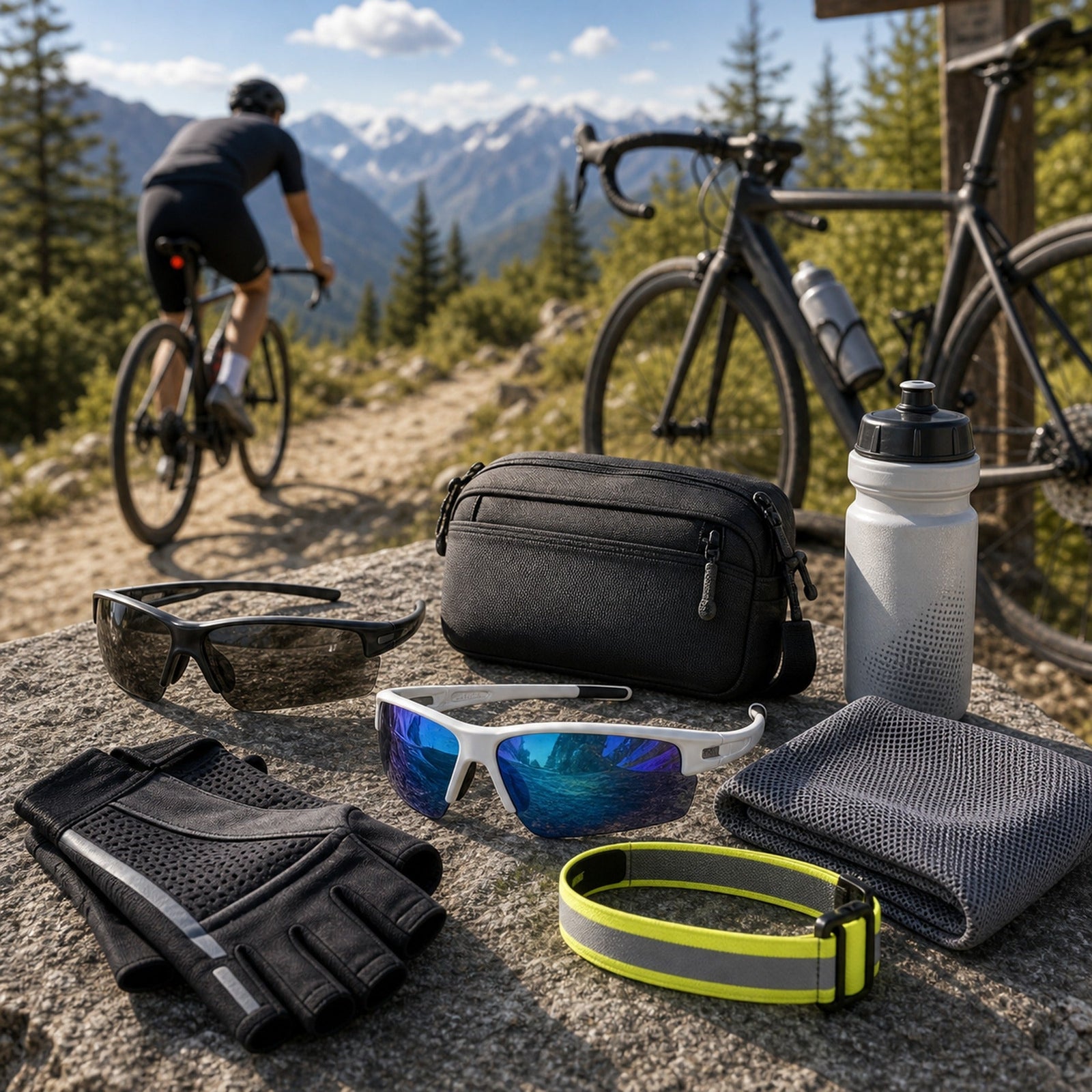 WORLUX Sports advanced gear with polarized sunglasses, photochromic-style sunglasses, hydration bottle, pouch, gloves and reflective band at a trailhead