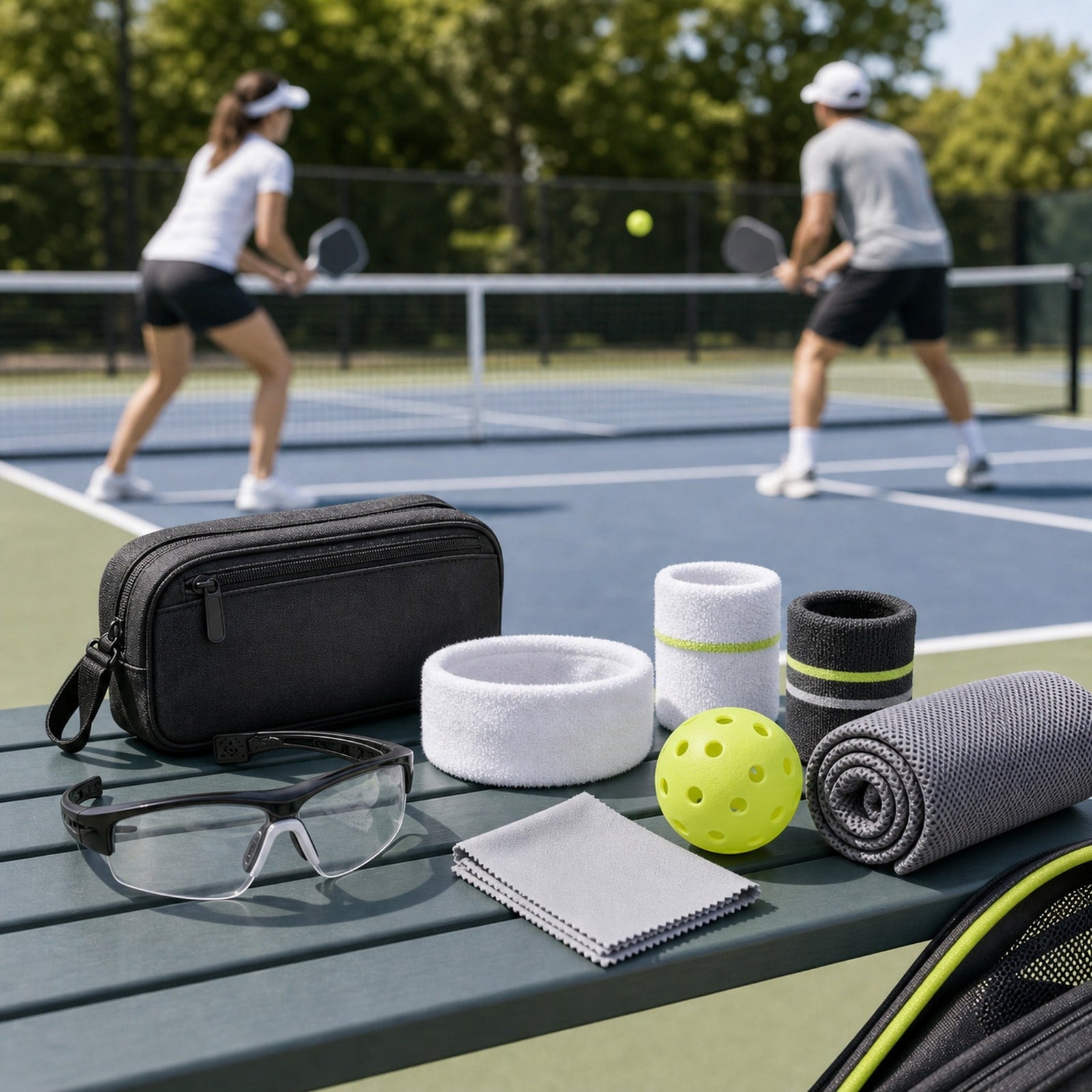WORLUX Sports court and ball sports gear with light lens sunglasses, towel, wristbands, pouch and practice ball near a pickleball court