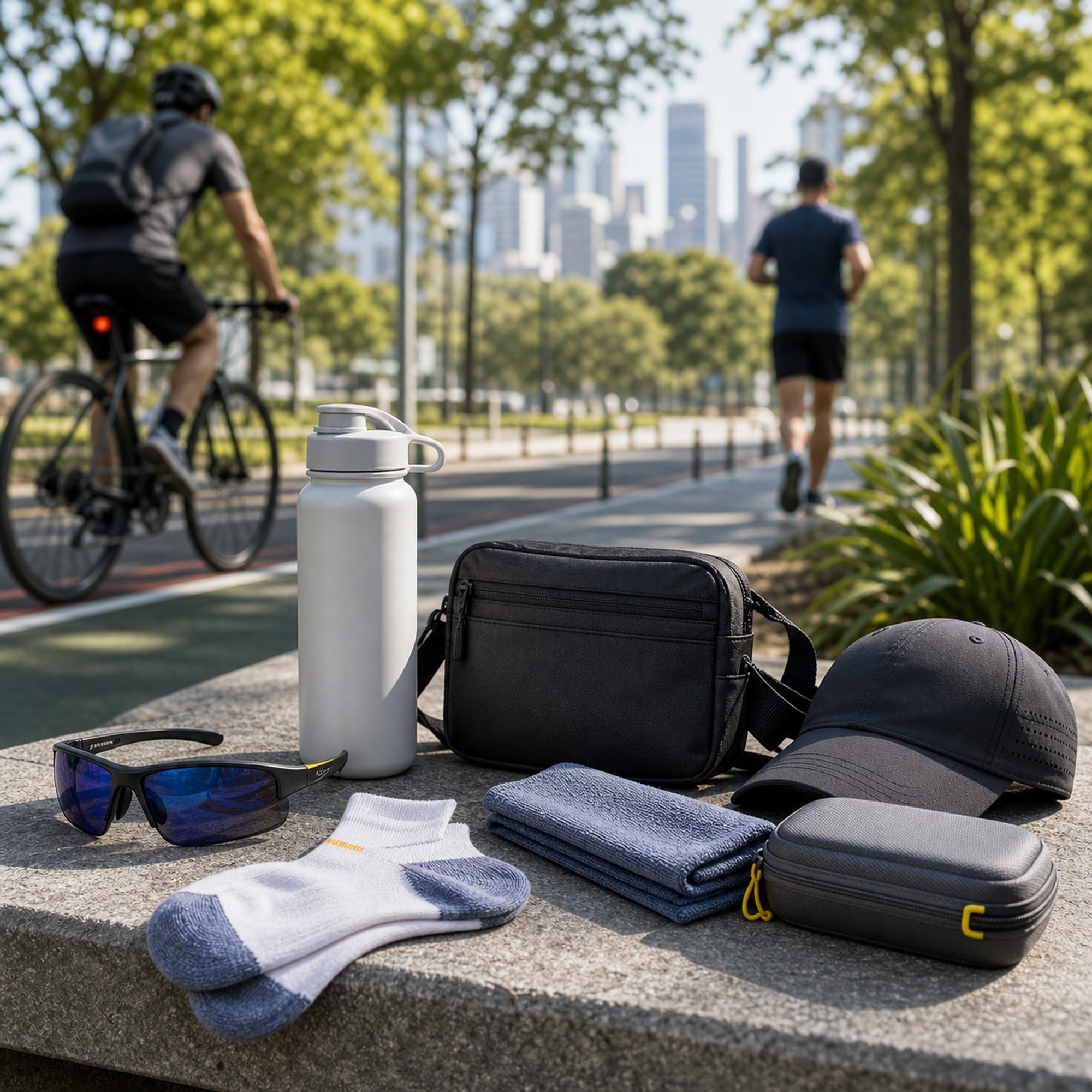 WORLUX Sports daily gear with sunglasses, cap, pouch, hydration bottle, socks and towel for city park training