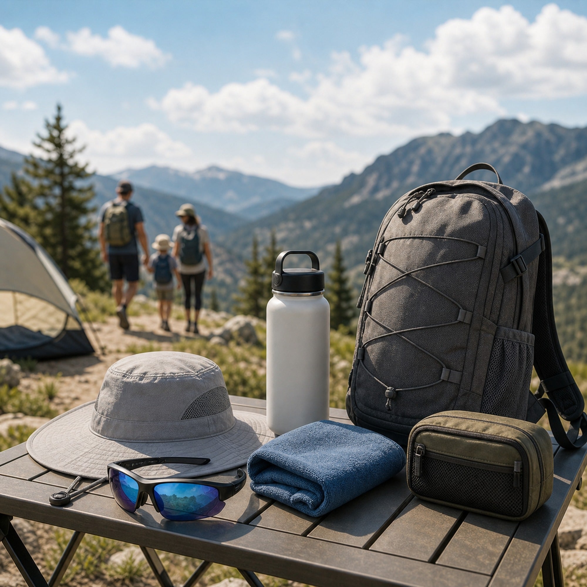 WORLUX Sports outdoor essentials with sunglasses, daypack, sun hat, towel and water bottle in a mountain hiking scene