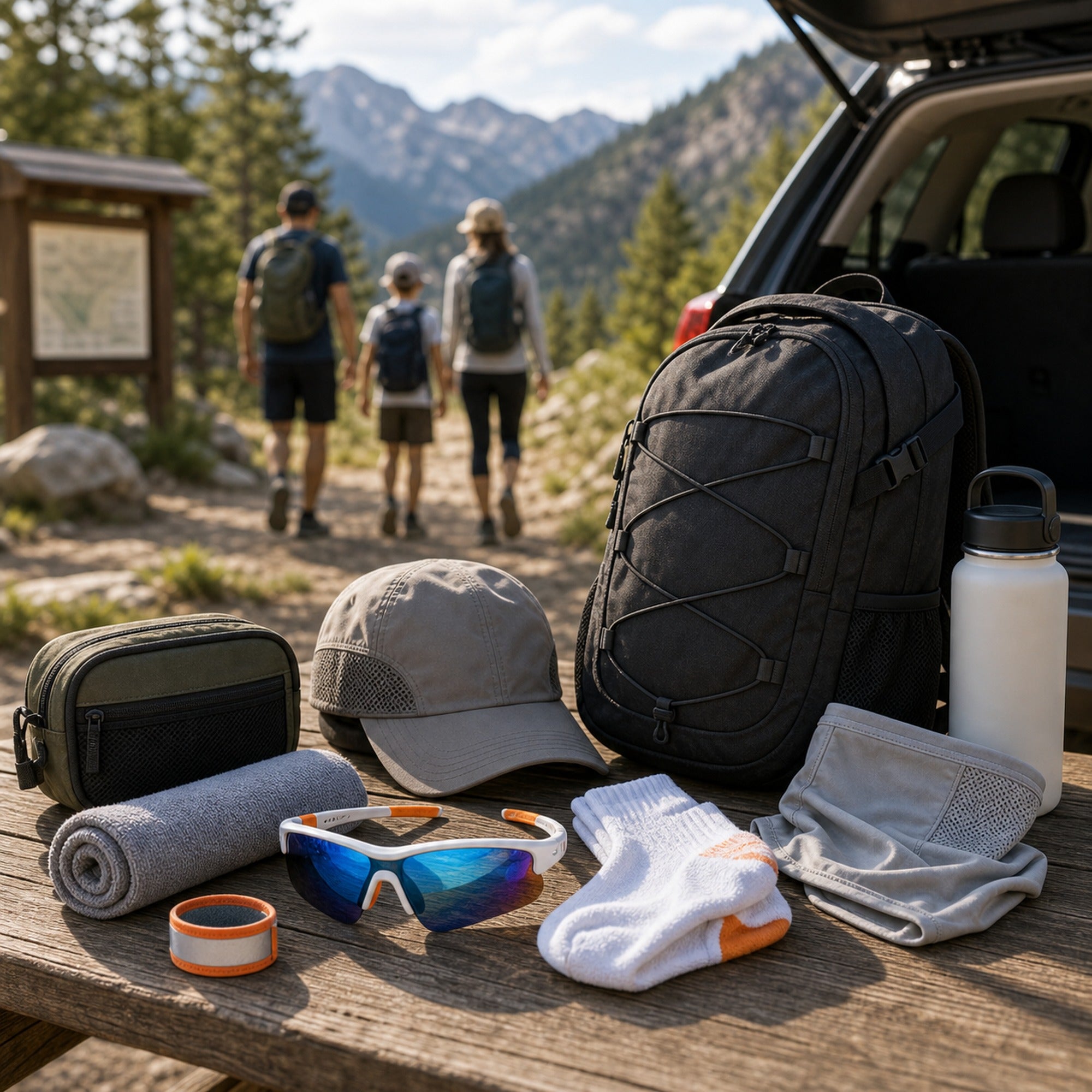 WORLUX Sports outdoor kit with sunglasses, backpack, cap, towel, bottle, pouch and socks prepared at a trailhead