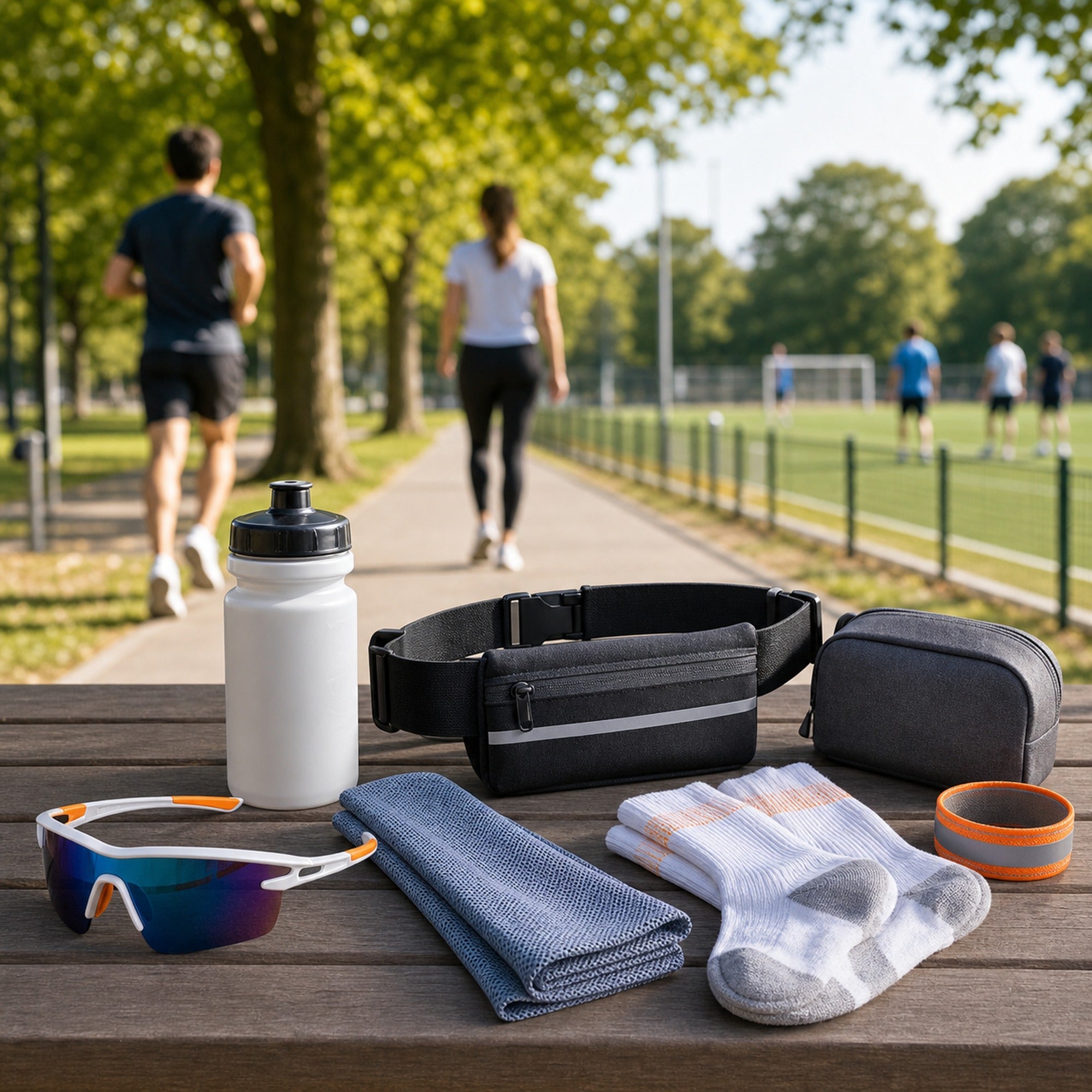 WORLUX Sports starter gear with sunglasses, running belt, water bottle, towel, socks and reflective band in a park training scene