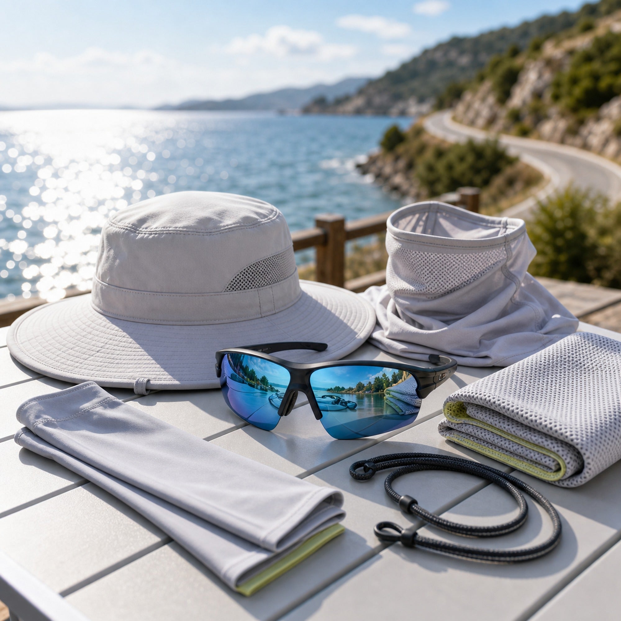 WORLUX Sports sun and polarized gear with mirrored sunglasses, sun hat, face cover, cooling towel and eyewear strap near bright water