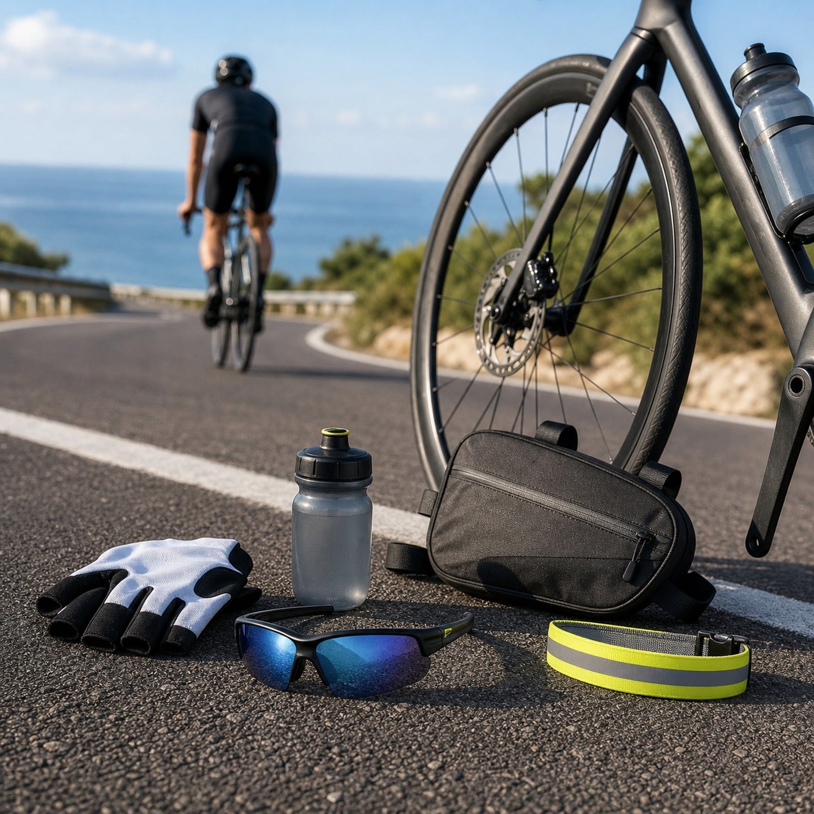 WORLUX Sports cycling gear with sunglasses, gloves, bike bag, water bottle and reflective band on an open road