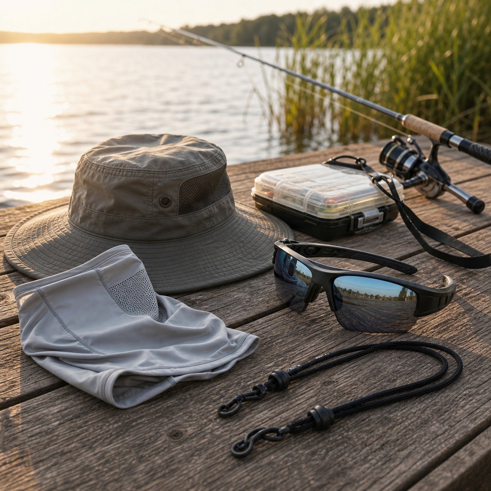WORLUX Sports polarized outdoor gear with sunglasses, fishing hat, face cover and tackle box on a lakeside dock