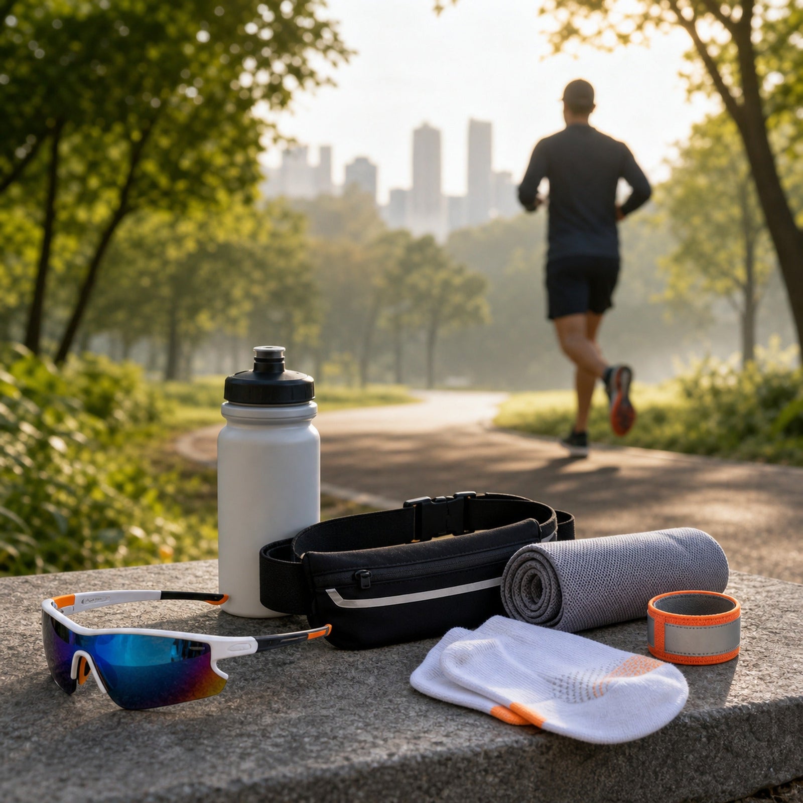 WORLUX Sports running and trail gear with sunglasses, running belt, towel and hydration bottle in a park training scene