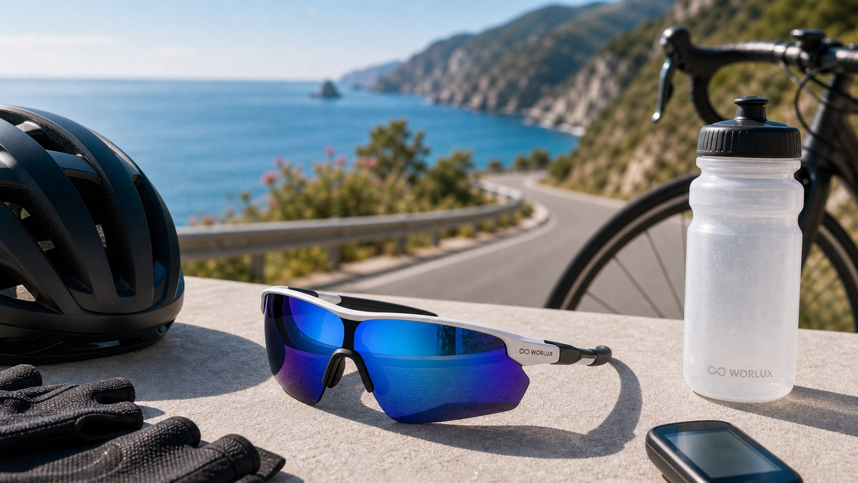 WORLUX Sports cycling sunglasses with helmet and coastal road essentials