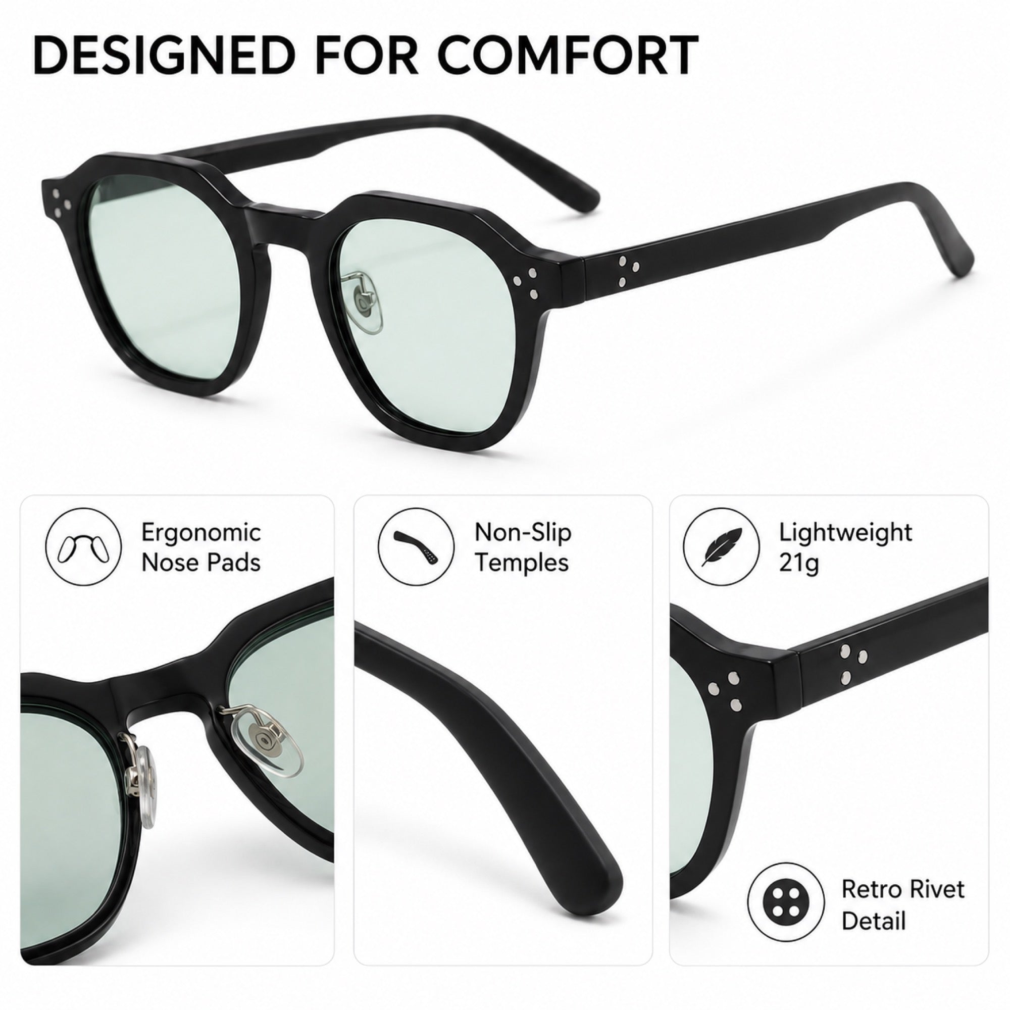 Worlux Sports 1004 retro polygon sunglasses comfort details nose pads temples rivets