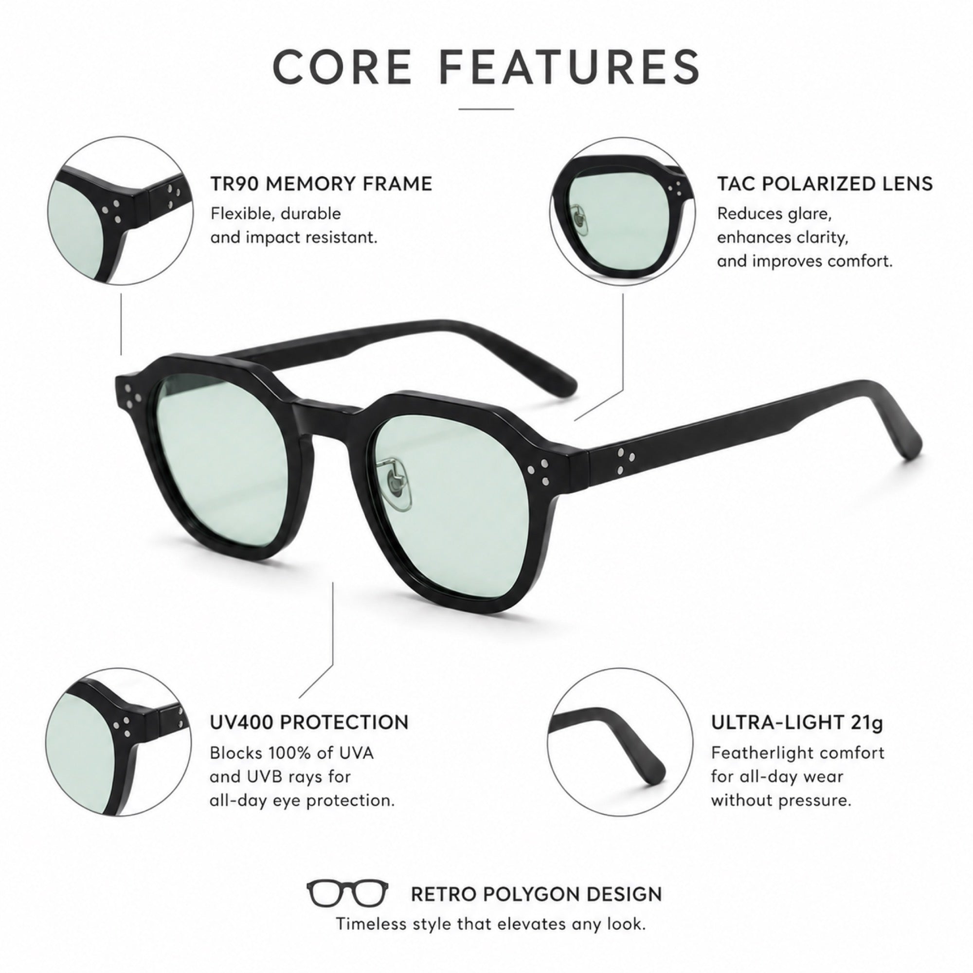 Worlux Sports 1004 retro polygon sunglasses core features TR90 polarized UV400 lenses
