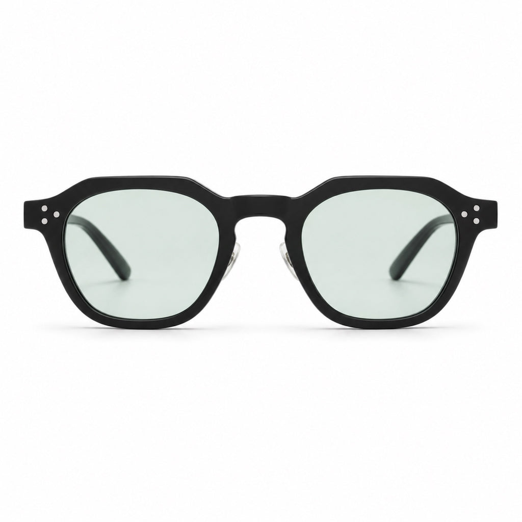 Worlux Sports 1004 retro polygon sunglasses in black frame with light green lenses front view