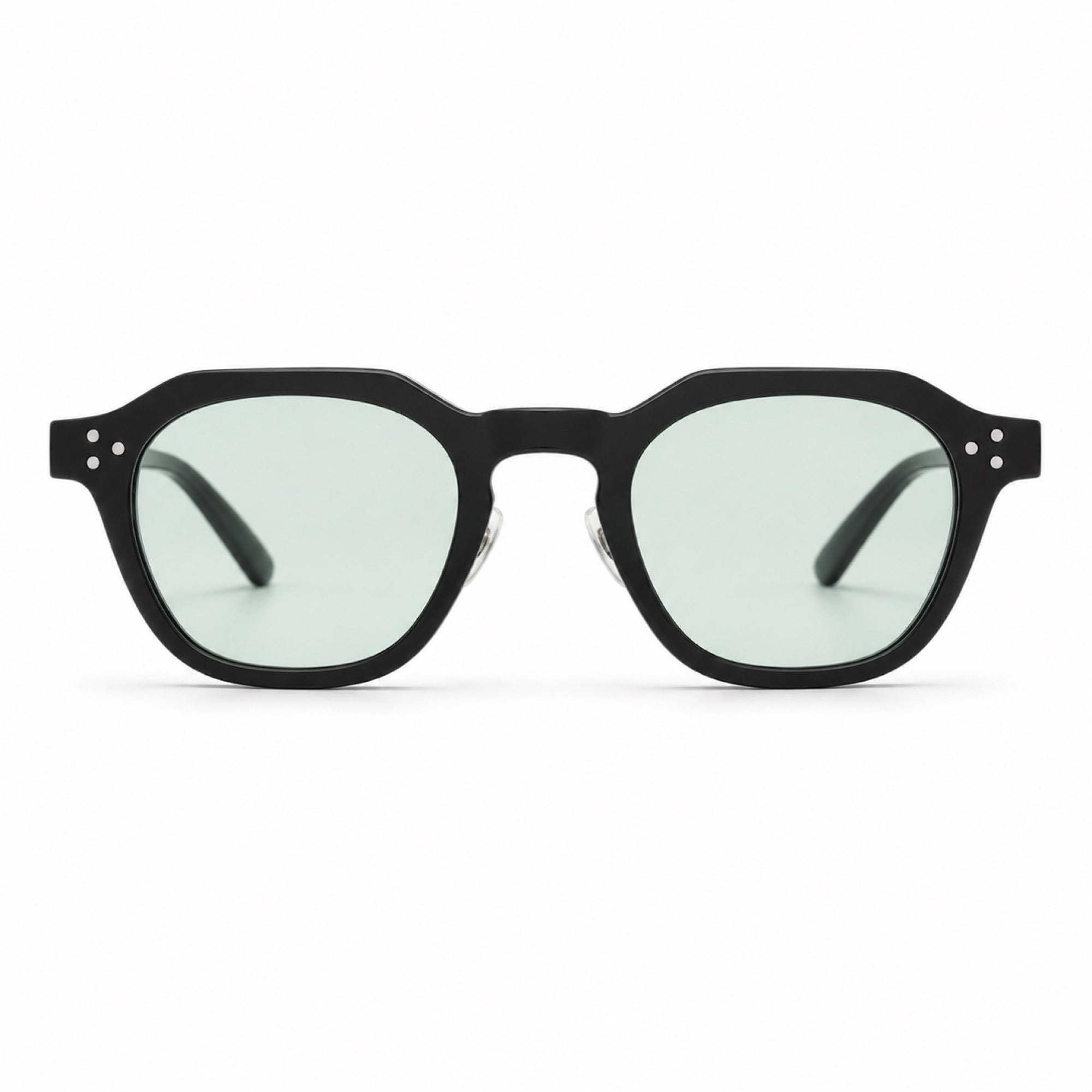 Worlux Sports 1004 retro polygon sunglasses in black frame with light green lenses front view