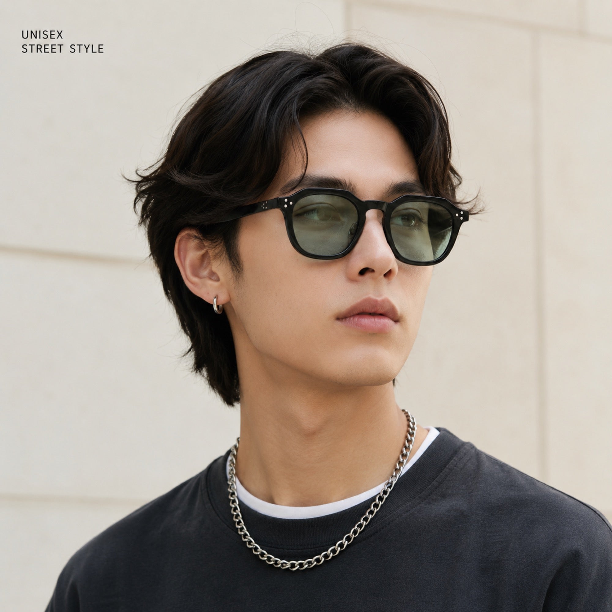 Worlux Sports 1004 unisex street style model wearing black frame green lens sunglasses