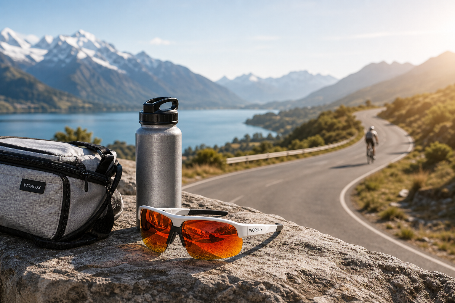 WORLUX Sports sunglasses and gear beside an open mountain road for the next outdoor move