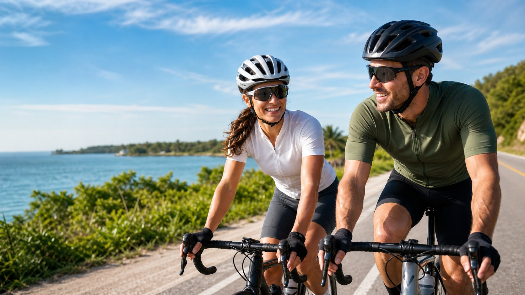 WORLUX Sports cycling eyewear scene on a bright coastal road