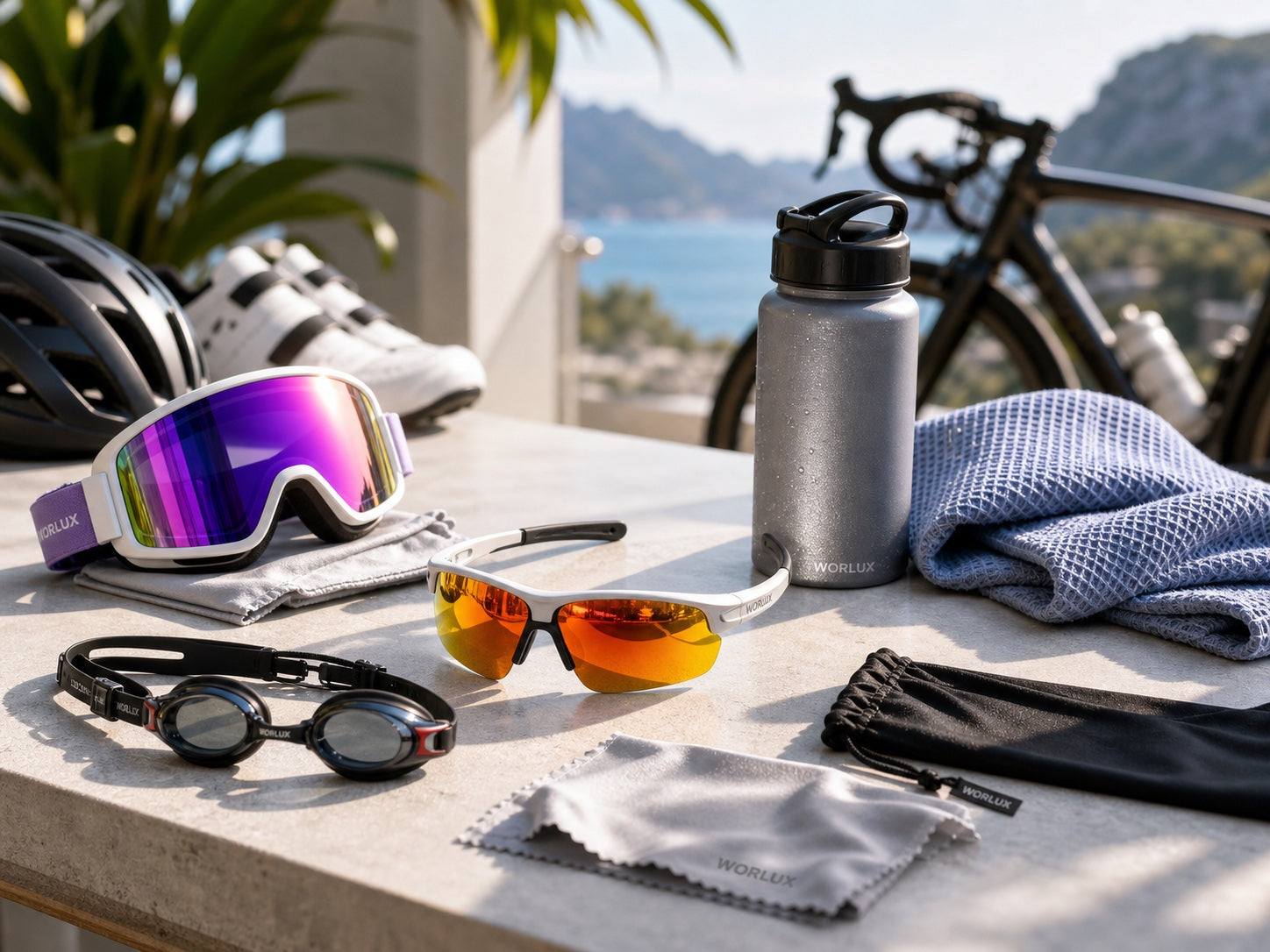 WORLUX Sports branded multi-sport eyewear and outdoor essentials on a bright gear table