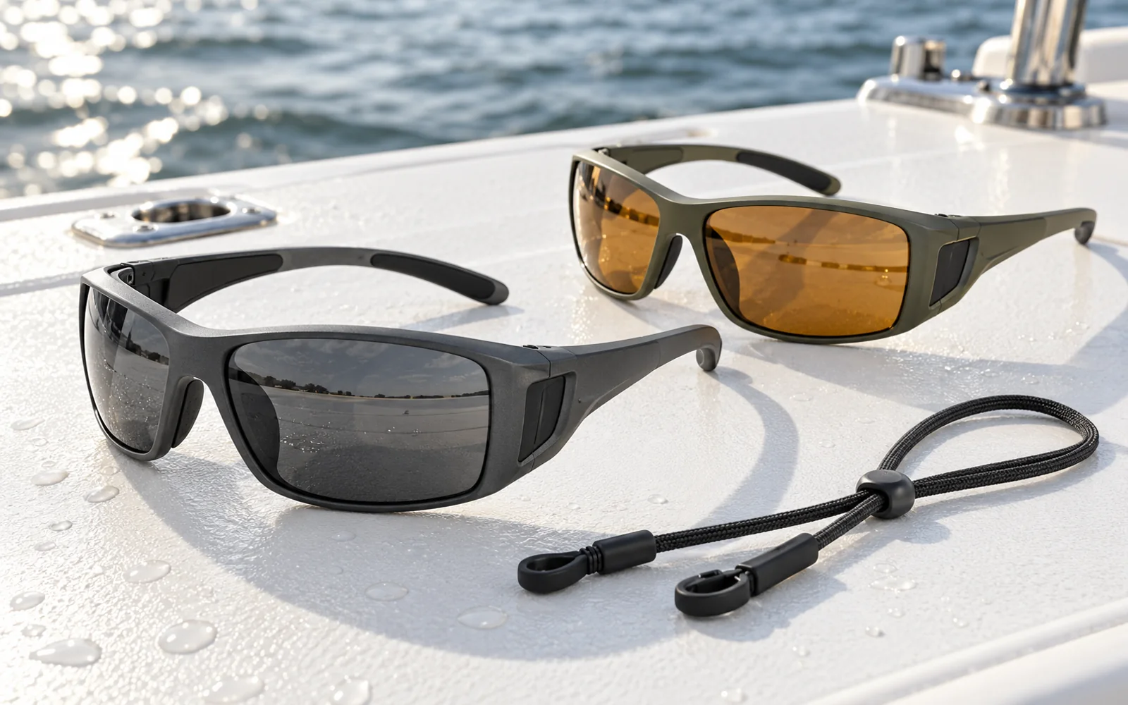 Wraparound fishing sunglasses with amber and grey lenses beside a retaining cord