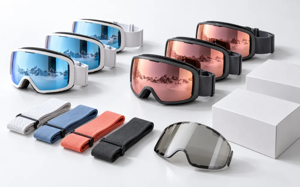 Snow goggles and separate straps, lens options and plain packaging grouped by configuration