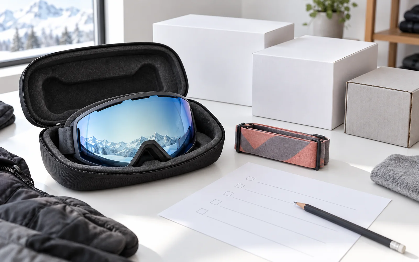 Packed goggle samples, protective cases and a plain shipping carton ready for order planning