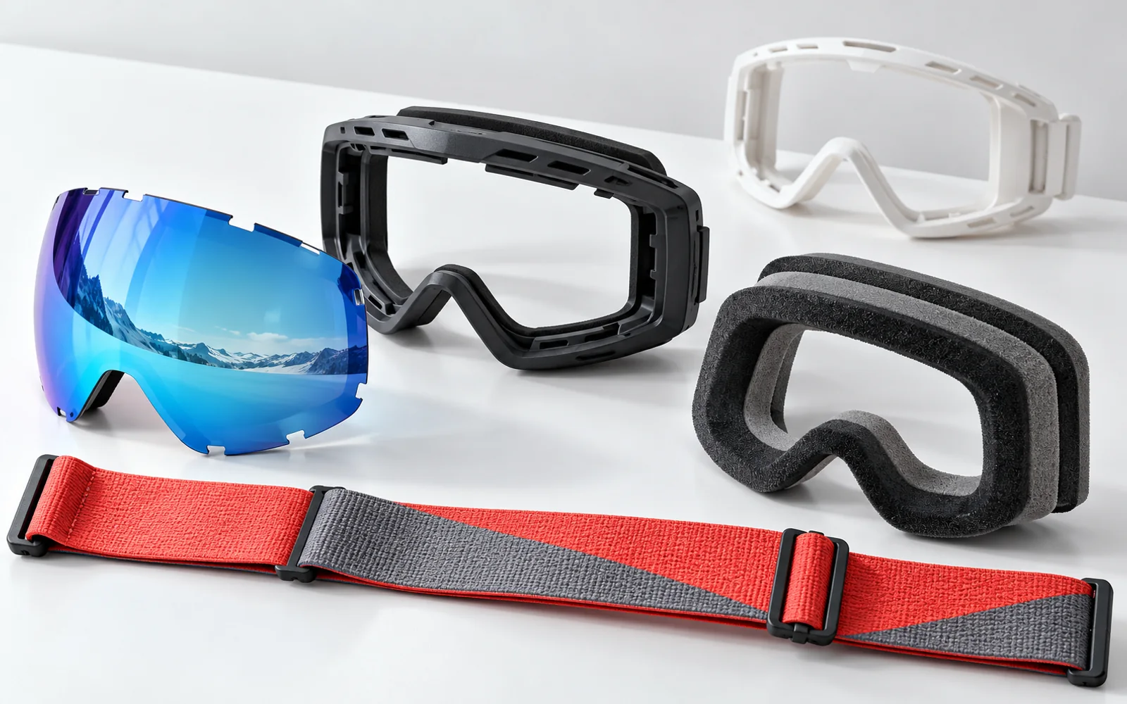 Exploded snow goggle components including frame, lens, foam and strap